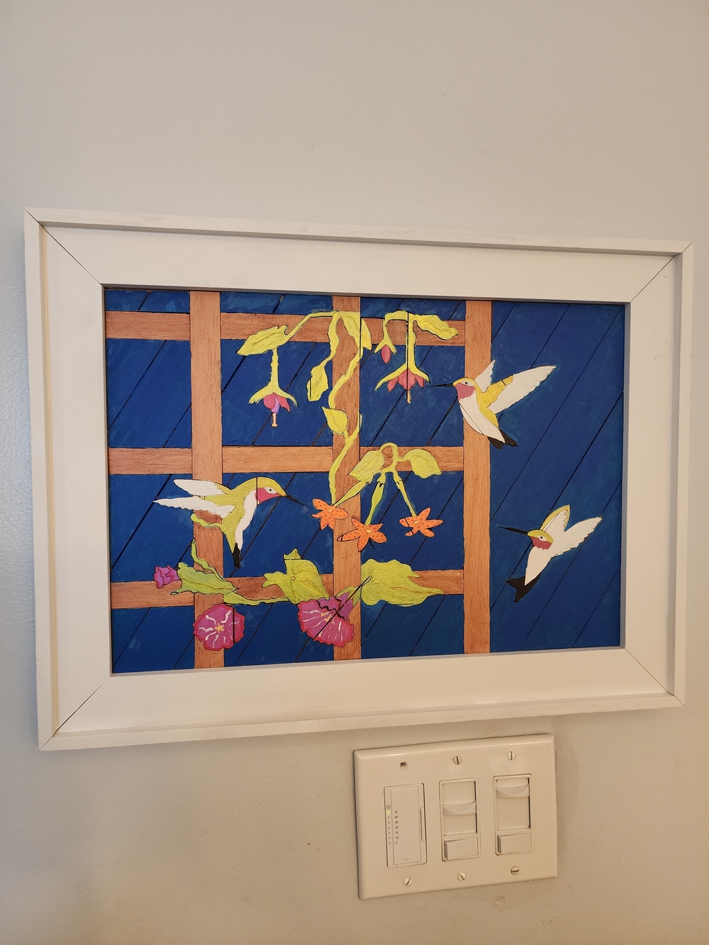 Hummingbird Wall Art Framed Floral Wood Folk Art Bird Picture Handmade Cottage